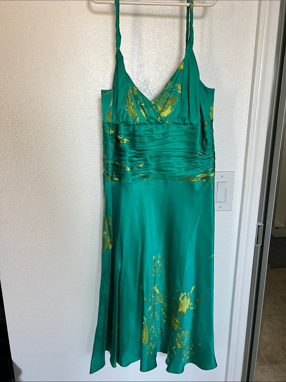 Jones New York Teal Satin Slip Dress with Gold Floral Accents